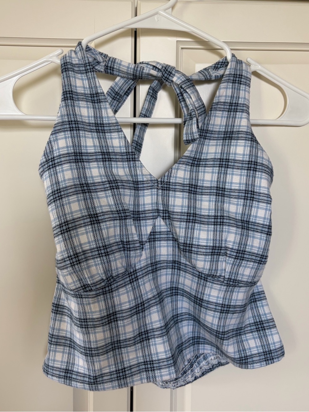 Hollister Blue and White Plaid Crop Halter Top Women’s M